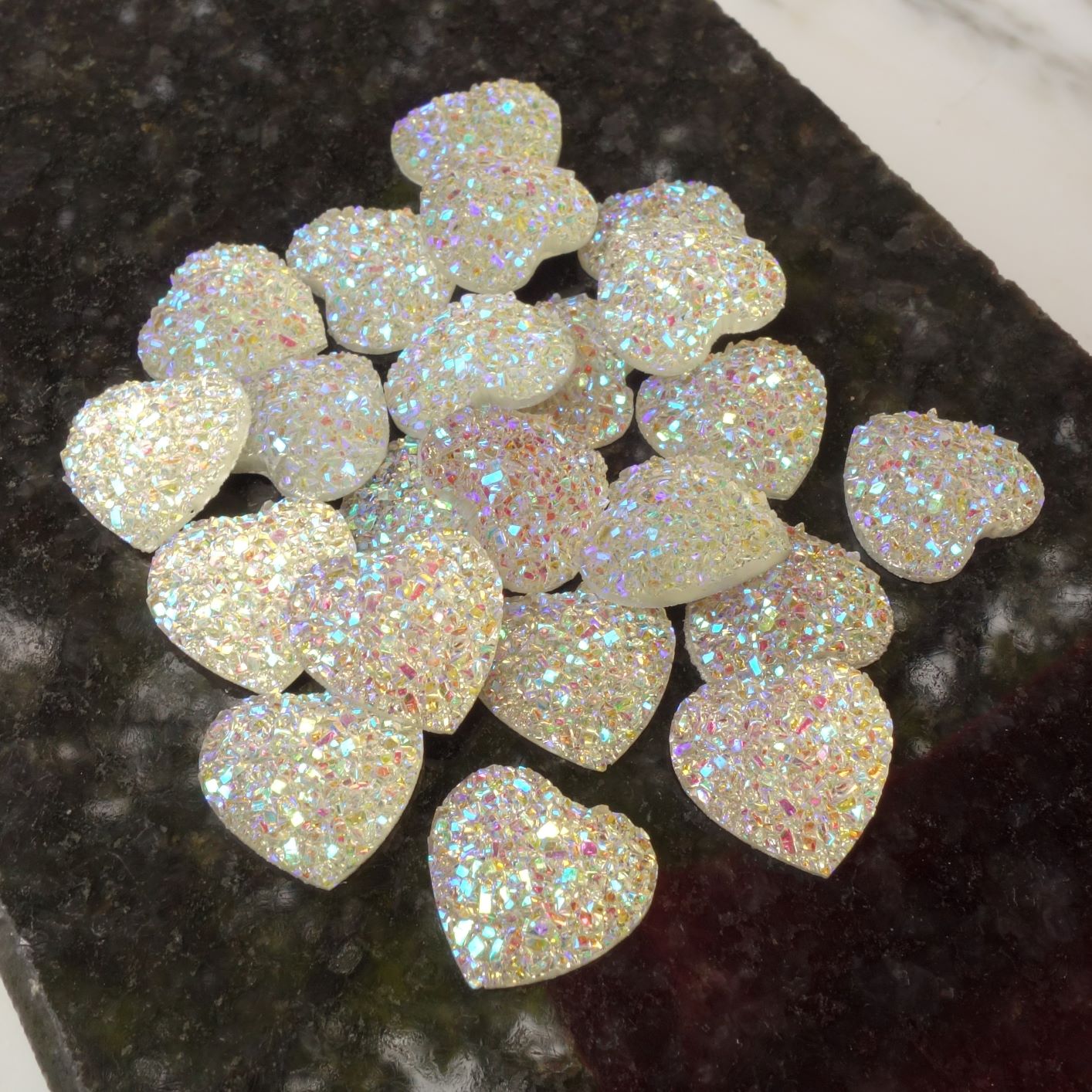 14mm White AB Glittered Heart-10pcs - Happy Place Bling